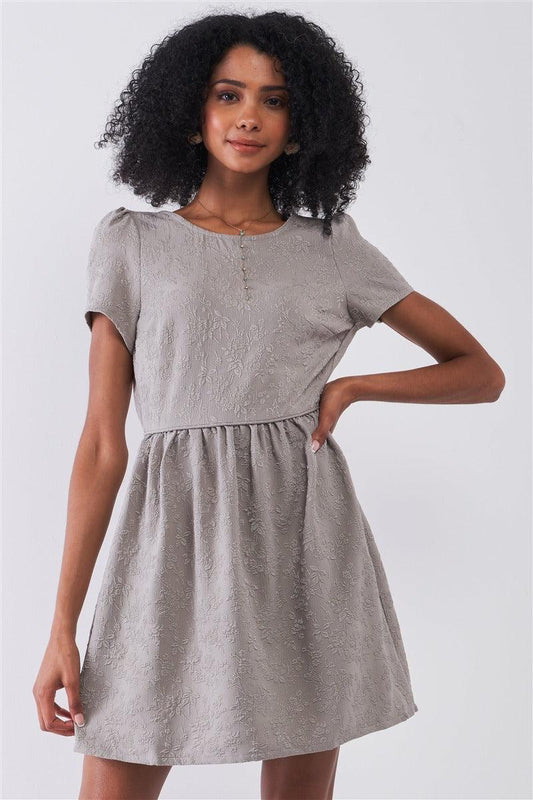 Silver Grey Floral Embroidery Round Neck Short Sleeve Mini Dress | Mixtshop LLC