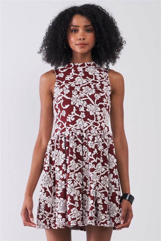 Burgundy & White Floral Crew Neck Sleeveless Fitted Mini Dress | Mixtshop LLC