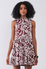 Burgundy & White Floral Crew Neck Sleeveless Fitted Mini Dress | Mixtshop LLC