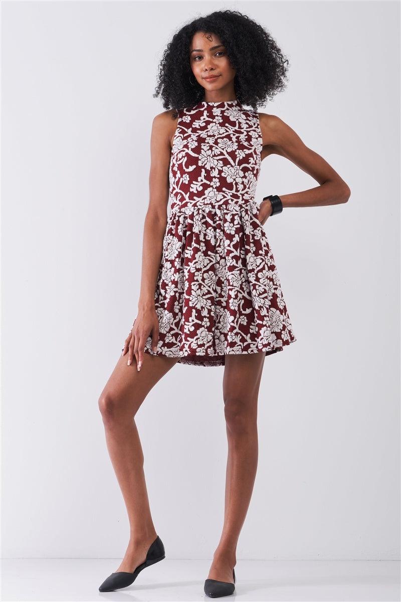 Burgundy & White Floral Crew Neck Sleeveless Fitted Mini Dress | Mixtshop LLC