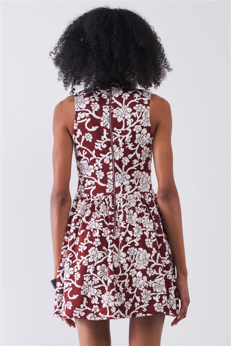 Burgundy & White Floral Crew Neck Sleeveless Fitted Mini Dress | Mixtshop LLC