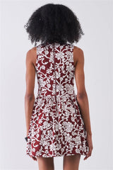Burgundy & White Floral Crew Neck Sleeveless Fitted Mini Dress | Mixtshop LLC