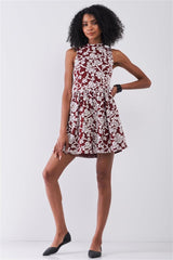 Burgundy & White Floral Crew Neck Sleeveless Fitted Mini Dress | Mixtshop LLC