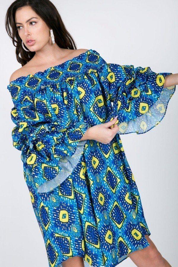 Puffy Ruffle Sleeve Smocking Off Shoulder Print Midi Dress | Mixtshop LLC