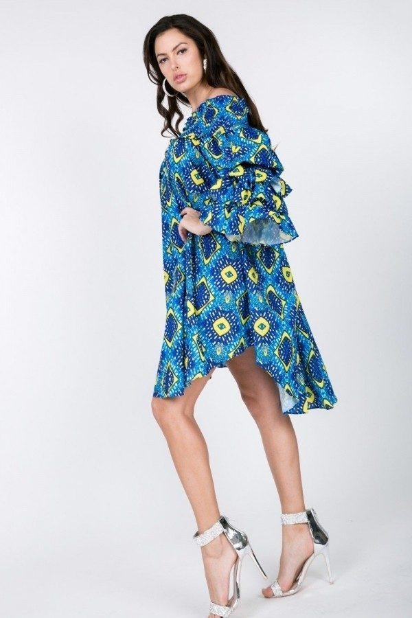 Puffy Ruffle Sleeve Smocking Off Shoulder Print Midi Dress | Mixtshop LLC