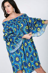Puffy Ruffle Sleeve Smocking Off Shoulder Print Midi Dress | Mixtshop LLC