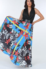 Pleated Print Maxi Skirt With Leather Waist Band | Mixtshop LLC