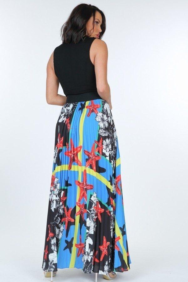 Pleated Print Maxi Skirt With Leather Waist Band | Mixtshop LLC
