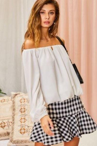 Off Shoulder Long Bubble Sleeve Solid Top | Mixtshop LLC