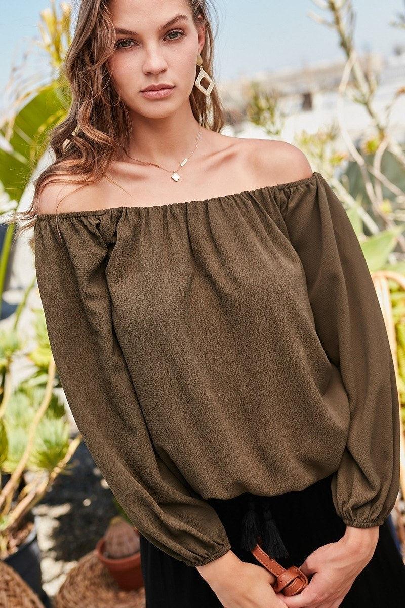 Off Shoulder Long Bubble Sleeve Solid Top | Mixtshop LLC