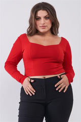 Plus Size Crimson Red Long Mesh Sleeve Sweetheart Neck Detail Structured Crop Top | Mixtshop LLC