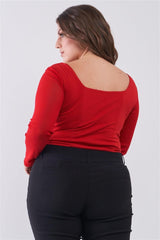 Plus Size Crimson Red Long Mesh Sleeve Sweetheart Neck Detail Structured Crop Top | Mixtshop LLC