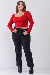 Plus Size Crimson Red Long Mesh Sleeve Sweetheart Neck Detail Structured Crop Top | Mixtshop LLC