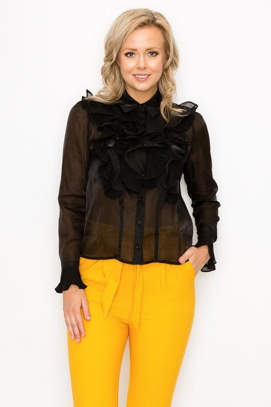 Ruffle Trim Long Sleeve Blouse | Mixtshop LLC