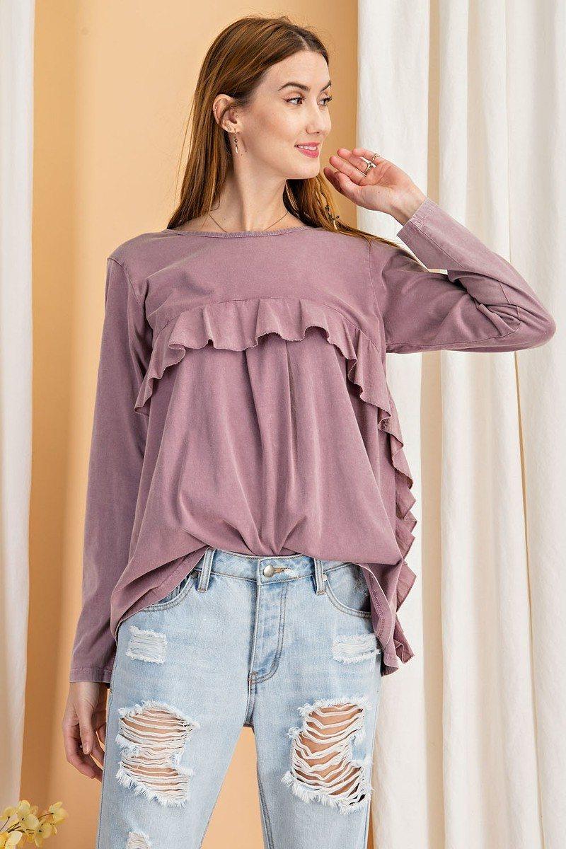 Long Sleeve Ruffled Detailing Oil Washed Knit Tunic | Mixtshop LLC