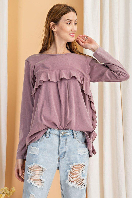 Long Sleeve Ruffled Detailing Oil Washed Knit Tunic | Mixtshop LLC