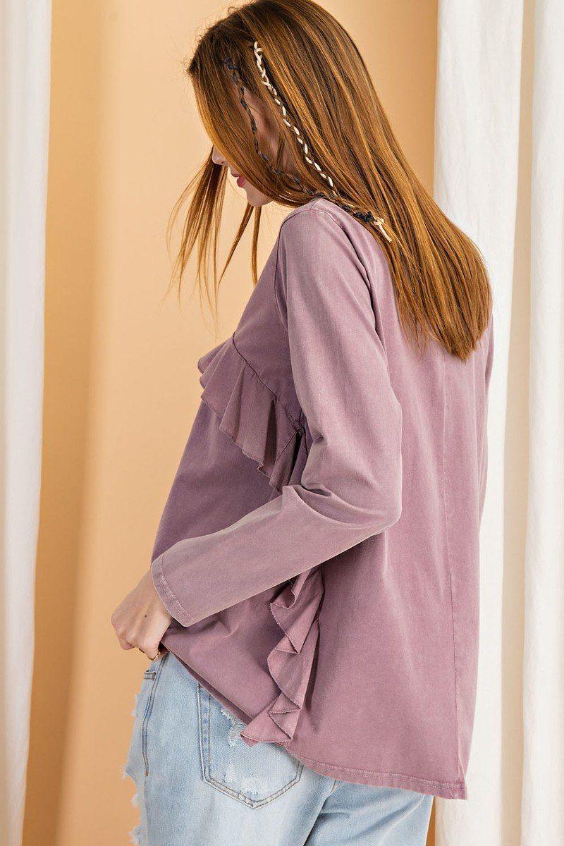 Long Sleeve Ruffled Detailing Oil Washed Knit Tunic | Mixtshop LLC