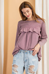 Long Sleeve Ruffled Detailing Oil Washed Knit Tunic | Mixtshop LLC