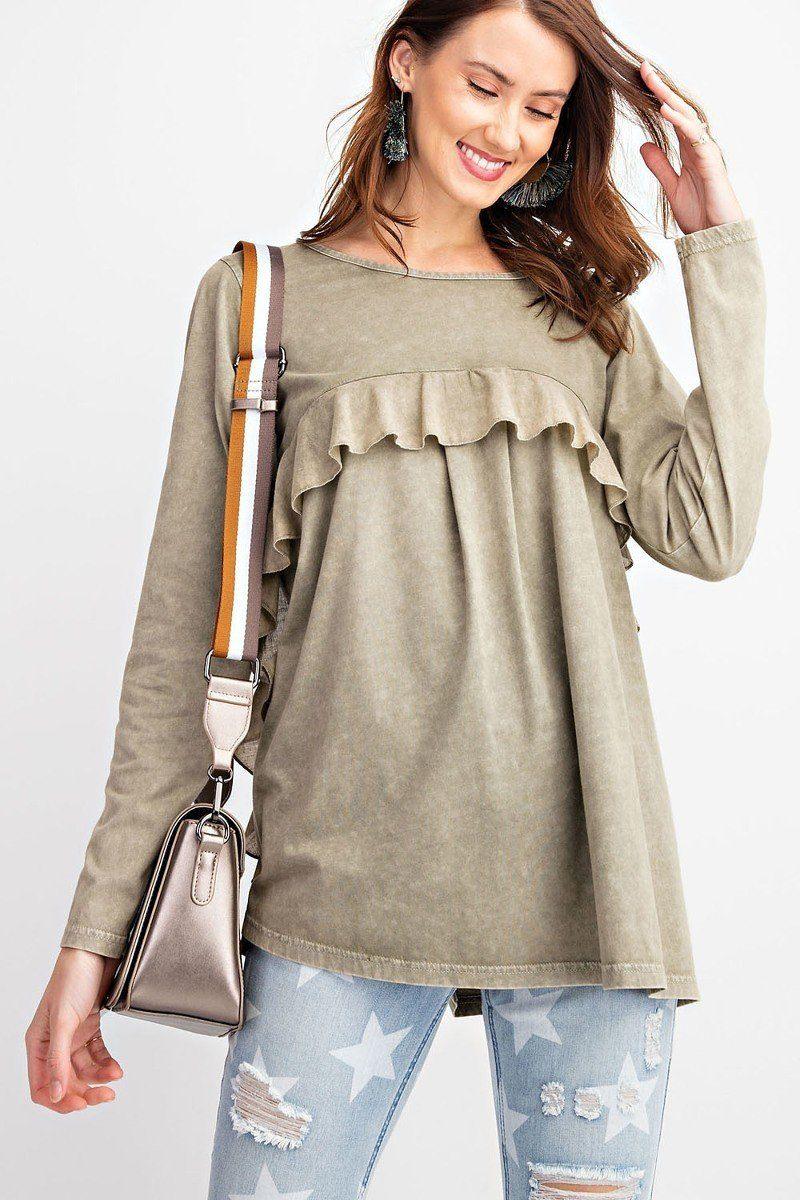 Long Sleeve Ruffled Detailing Oil Washed Knit Tunic | Mixtshop LLC
