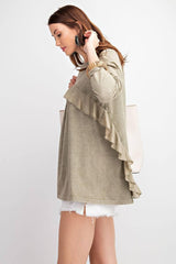Long Sleeve Ruffled Detailing Oil Washed Knit Tunic | Mixtshop LLC