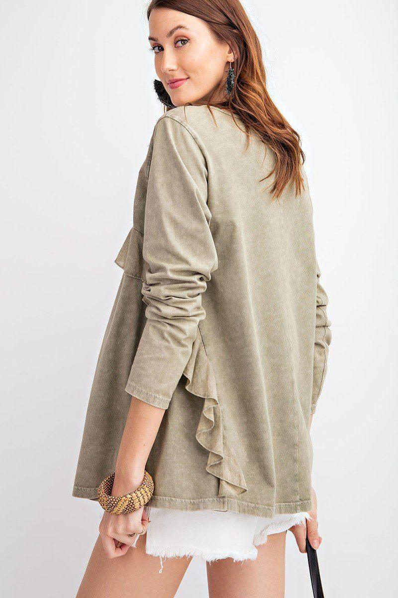 Long Sleeve Ruffled Detailing Oil Washed Knit Tunic | Mixtshop LLC