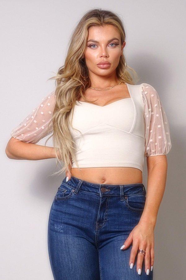 Polka Dot Mesh Puff Sleeve Contrast Fashion Top | Mixtshop LLC