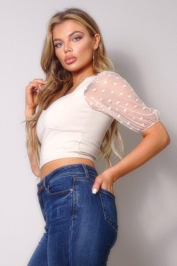 Polka Dot Mesh Puff Sleeve Contrast Fashion Top | Mixtshop LLC
