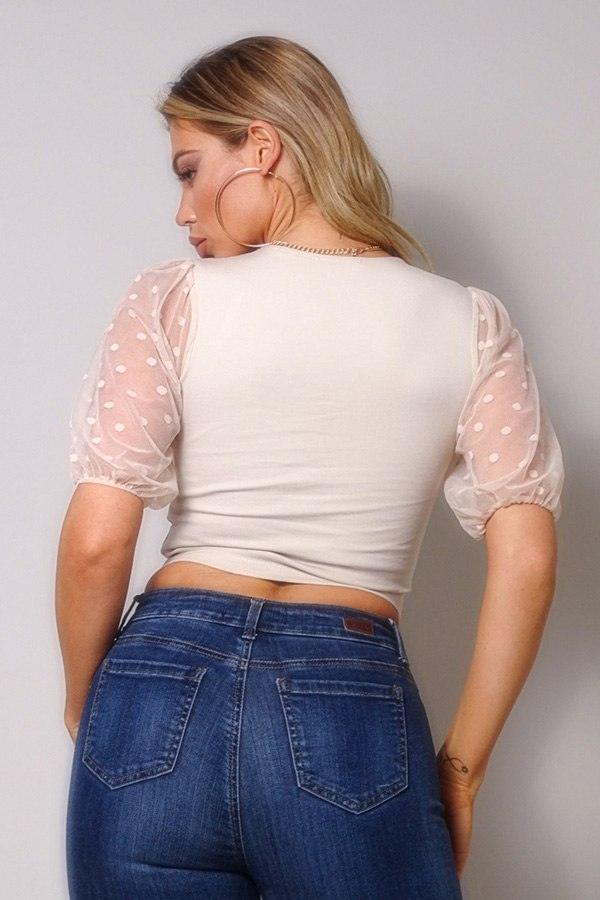 Polka Dot Mesh Puff Sleeve Contrast Fashion Top | Mixtshop LLC