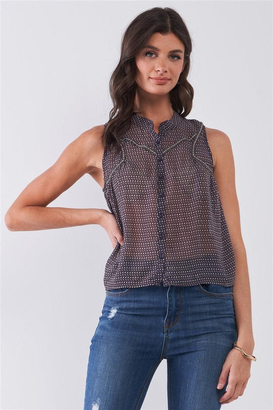 Purple & Multi Sleeveless Mock Neck Front Button Down Sheer Blouse Top | Mixtshop LLC