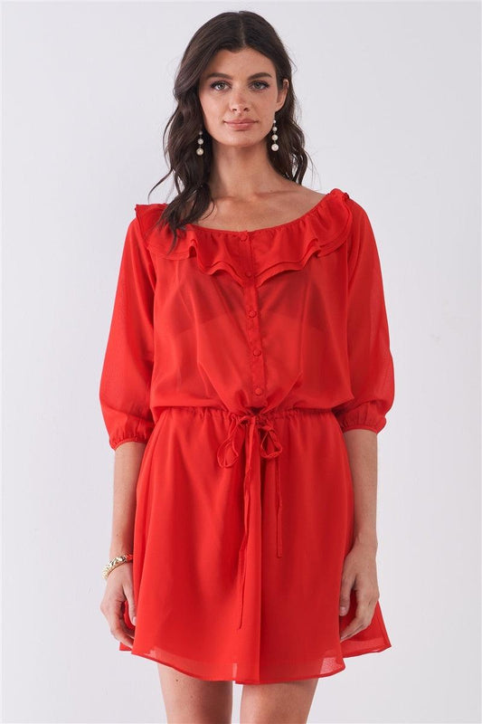 Flame Red Boat Neck Ruffle Collar Midi Sleeve Self-tie Waist Front Button Down Mini Dress | Mixtshop LLC