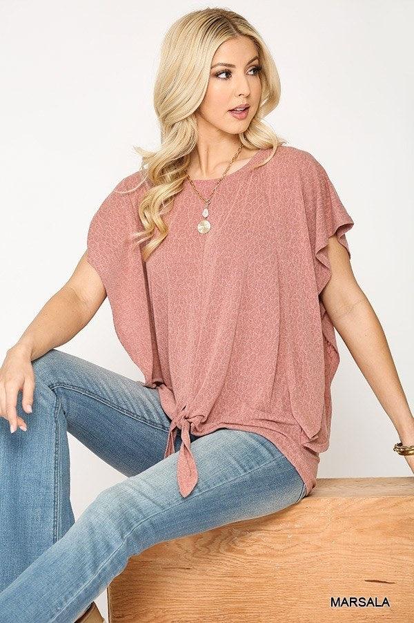 Leopard Jacquard Knit Jersey Top With Front Tie, Ruffled Sleeve | Mixtshop LLC