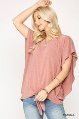 Leopard Jacquard Knit Jersey Top With Front Tie, Ruffled Sleeve | Mixtshop LLC