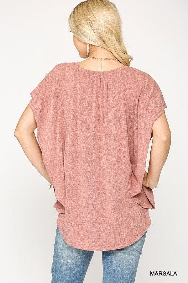 Leopard Jacquard Knit Jersey Top With Front Tie, Ruffled Sleeve | Mixtshop LLC