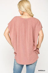 Leopard Jacquard Knit Jersey Top With Front Tie, Ruffled Sleeve | Mixtshop LLC