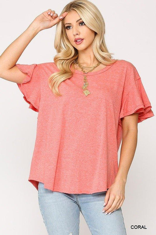 Solid Round Neck Frill Sleeve Top With Scoop Hem | Mixtshop LLC