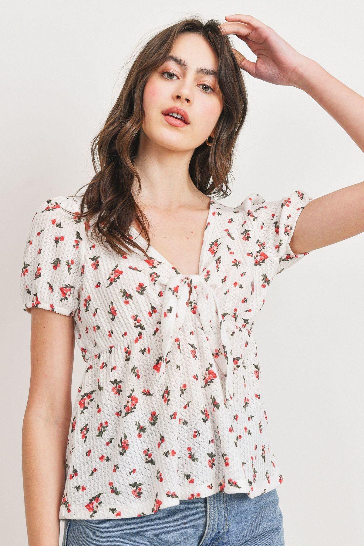 Front Tie Floral Waffle Top | Mixtshop LLC