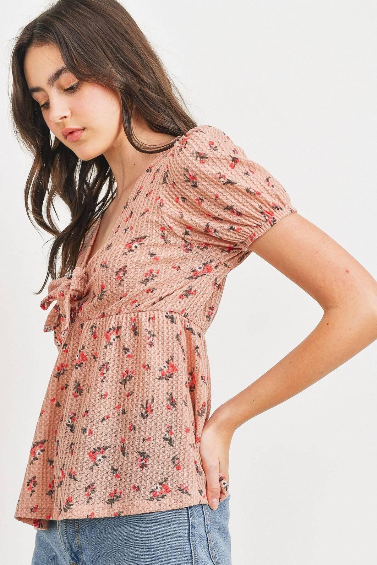 Front Tie Floral Waffle Top | Mixtshop LLC
