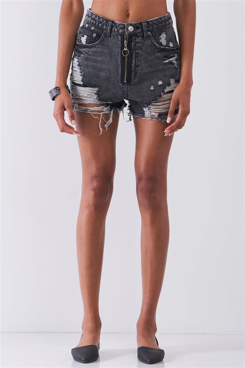 Ripped High-waist Front Zip-up Raw Hem Detail Distressed Mini Shorts | Mixtshop LLC