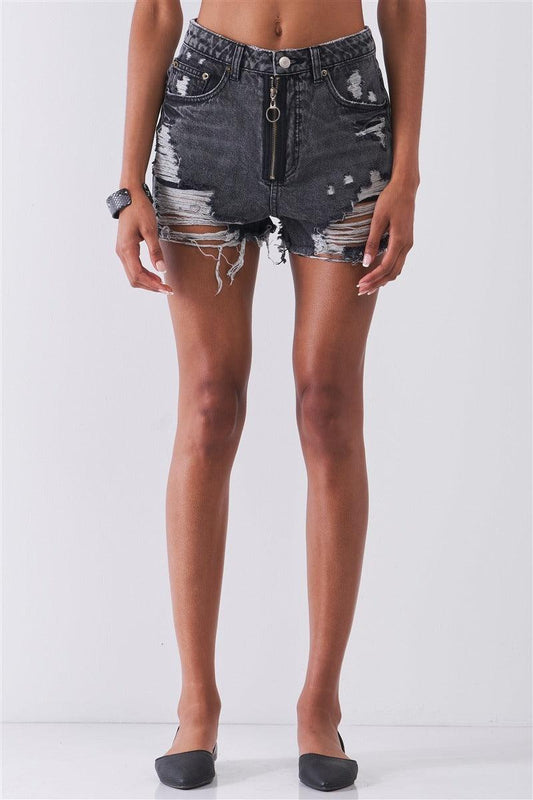 Ripped High-waist Front Zip-up Raw Hem Detail Distressed Mini Shorts | Mixtshop LLC