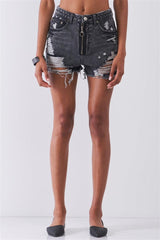 Ripped High-waist Front Zip-up Raw Hem Detail Distressed Mini Shorts | Mixtshop LLC