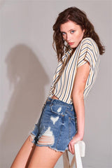Ripped High-waist Front Zip-up Raw Hem Detail Distressed Mini Shorts | Mixtshop LLC