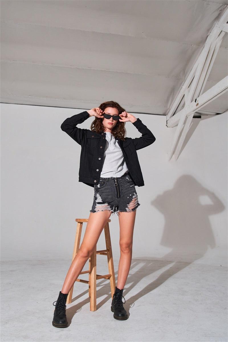 Ripped High-waist Front Zip-up Raw Hem Detail Distressed Mini Shorts | Mixtshop LLC