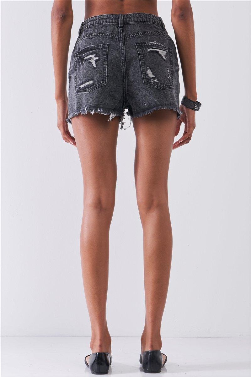Ripped High-waist Front Zip-up Raw Hem Detail Distressed Mini Shorts | Mixtshop LLC