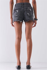 Ripped High-waist Front Zip-up Raw Hem Detail Distressed Mini Shorts | Mixtshop LLC