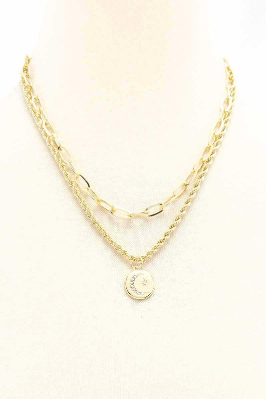 2 Layered Metal Chain Round Pendant Necklace | Mixtshop LLC