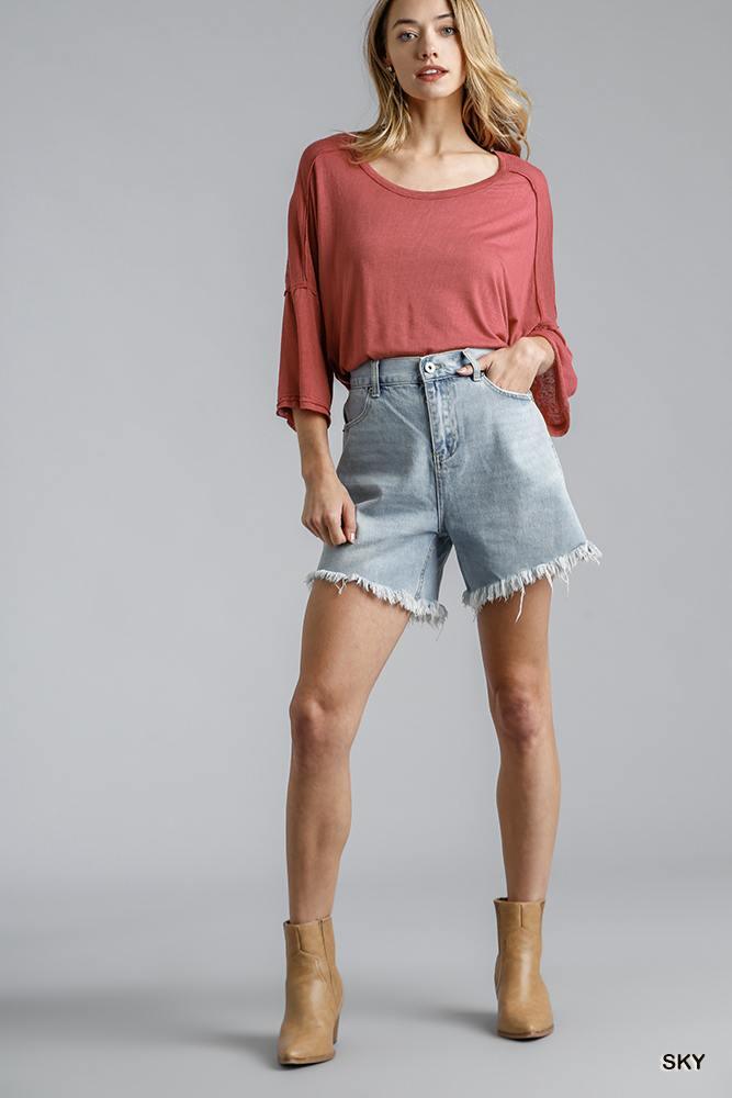 High Rise Denim Shorts With Raw Hem | Mixtshop LLC