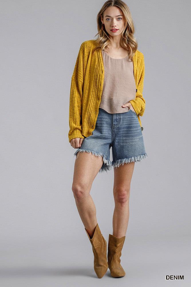 High Rise Denim Shorts With Raw Hem | Mixtshop LLC