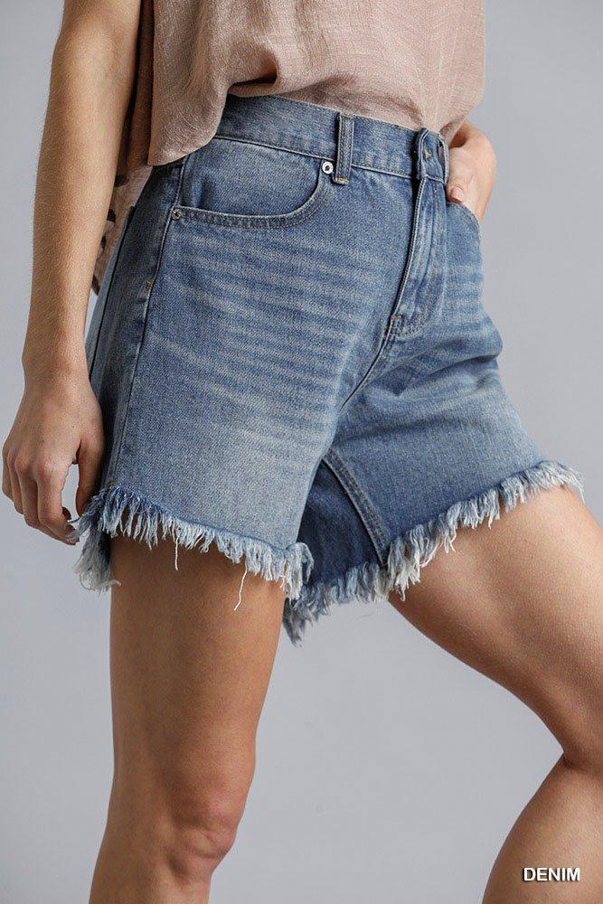 High Rise Denim Shorts With Raw Hem | Mixtshop LLC