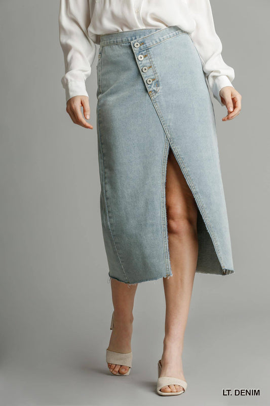 Asymmetrical Waist And Button Up Front Split Denim Skirt With Back Pockets And Unfinished Hem | Mixtshop LLC