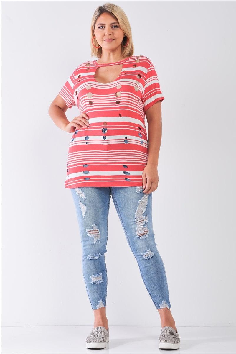 Plus Striped And Distressed Cut-out Top | Mixtshop LLC